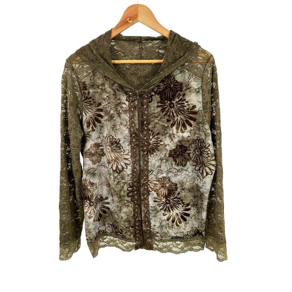 Britany Black Green Lace Full Zip Long Sleeve Jacket Size Large - Picture 9 of 11